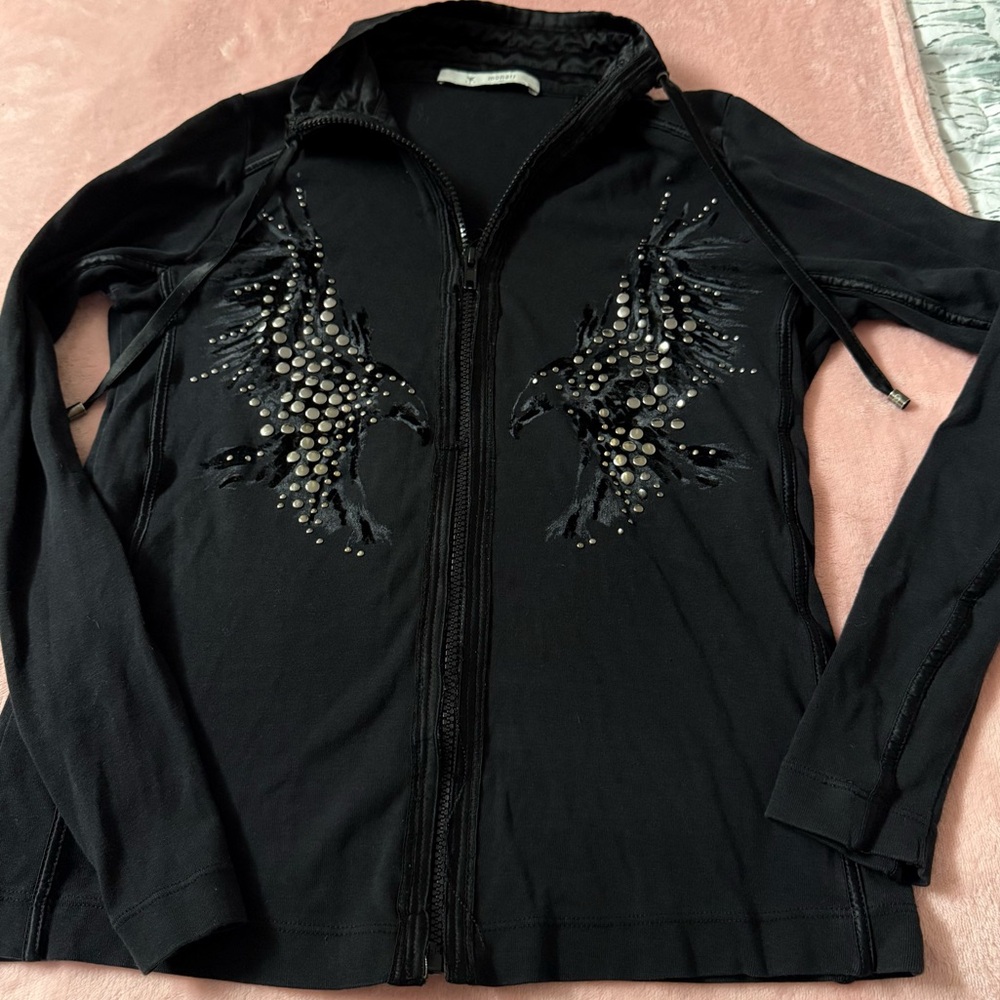 Monari Italy Size 8 Black Angel Wing Studded Long Sleeve Zip Up